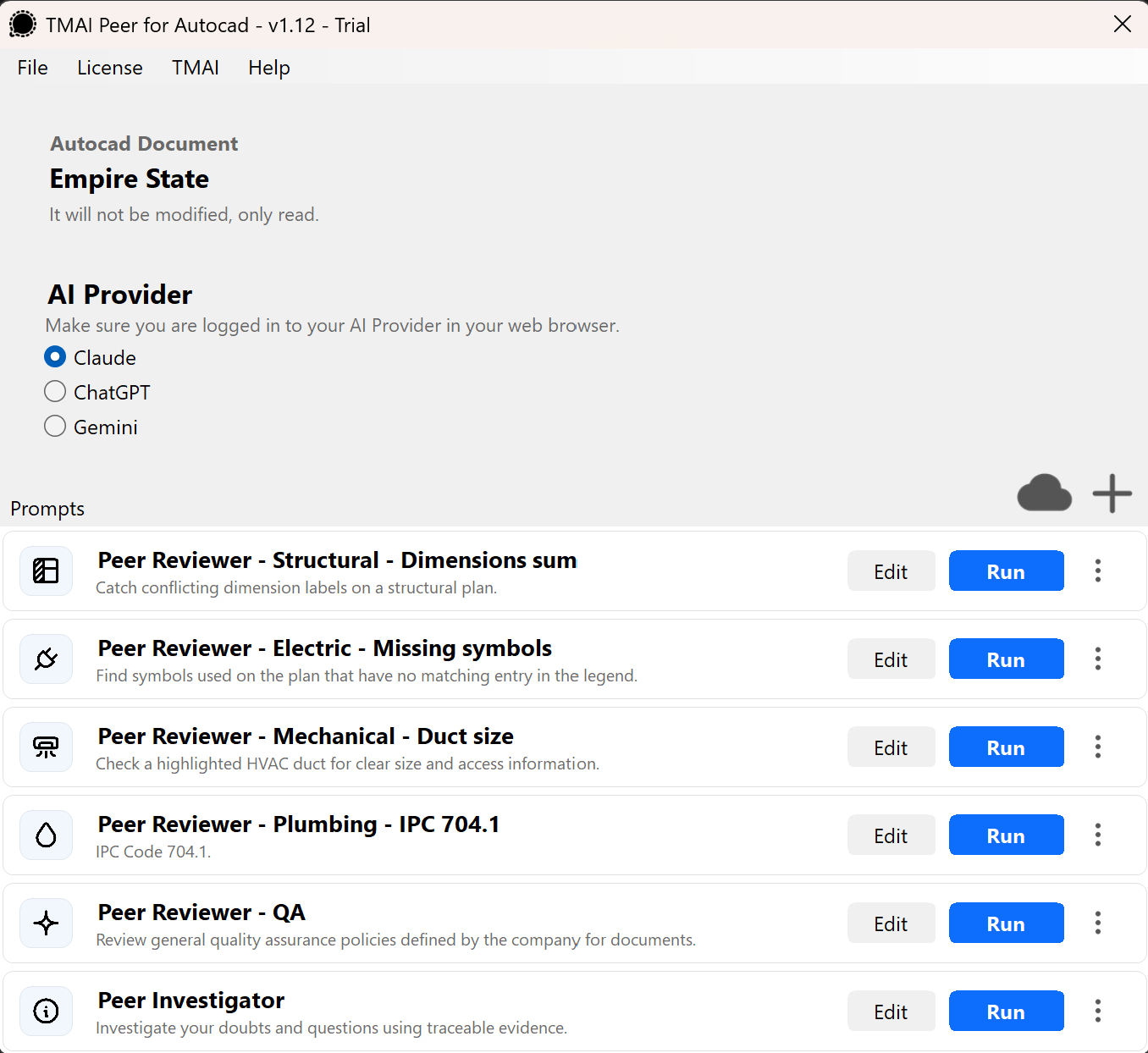 TMAI Peer main window with AI provider options and a list of prompts, each with Edit and Run buttons.